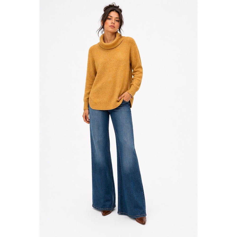 Tahari Cowl Neck Sweater Womens Size M Mustard Yellow Ribbed Knit Pullover Cozy‎